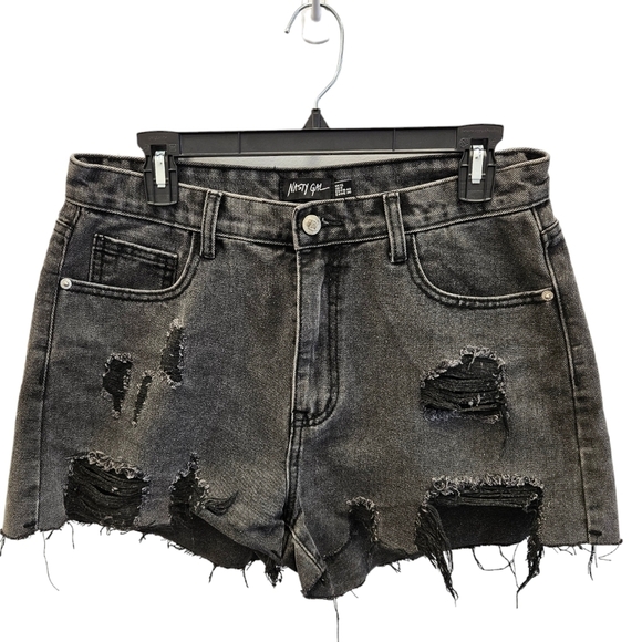 Nasty Gal Distressed High Rise Black Washed Denim Shorts Womens - Picture 1 of 6